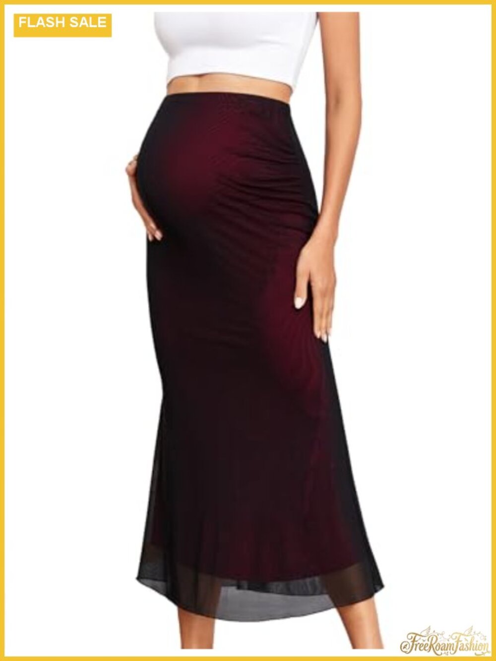 Maternity Mesh Mermaid Maxi Skirt Adjustable Waist Pregnancy Over Belly